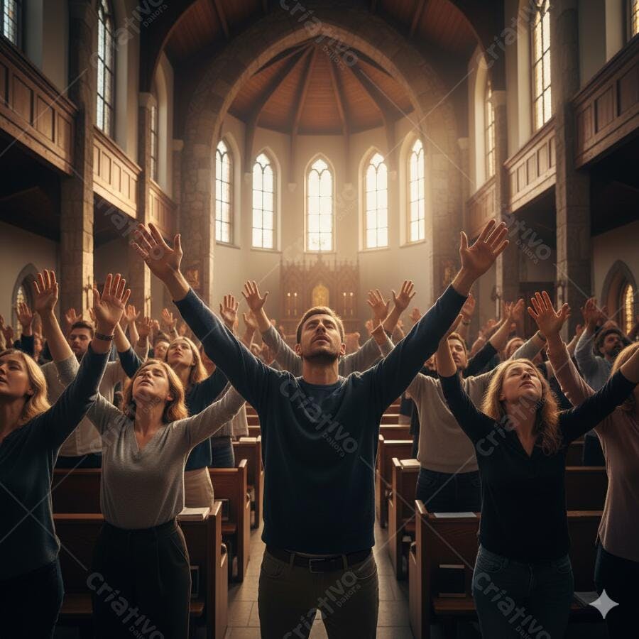 Foto Pessoas Adorando Igreja Cristã com Braços Erguidos Louvor Religioso