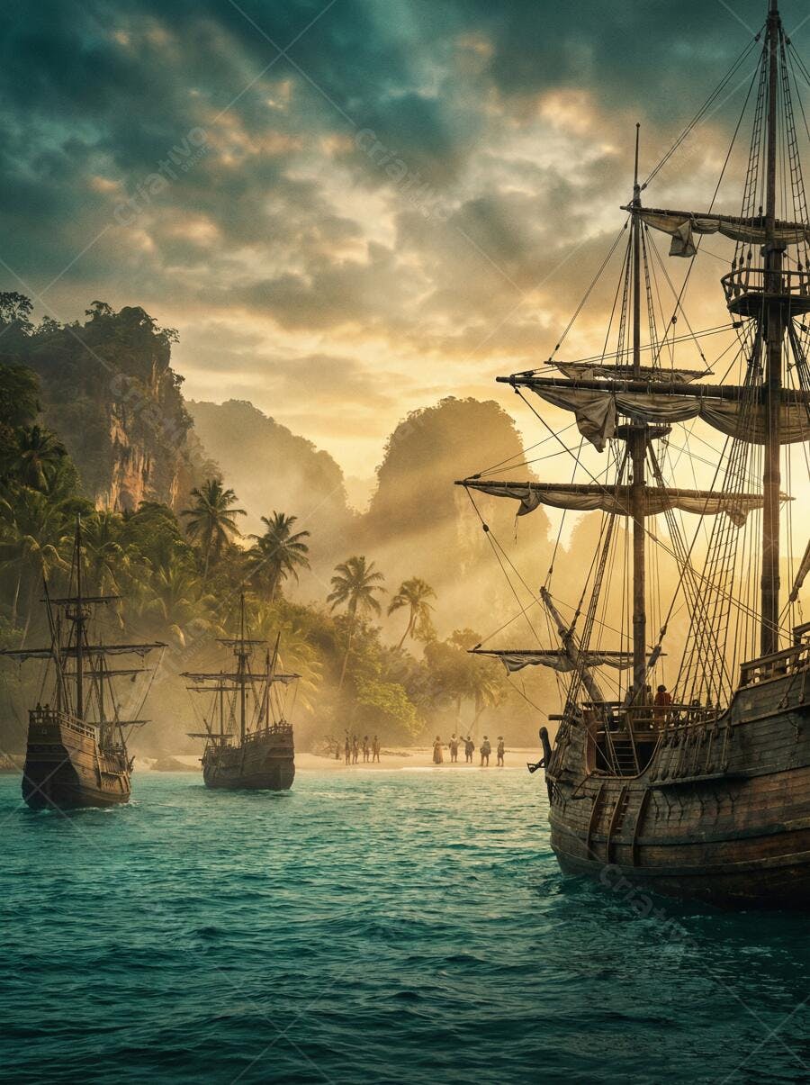 Foto Navios Piratas Antigos Chegando Ilha Tropical Pôr do Sol