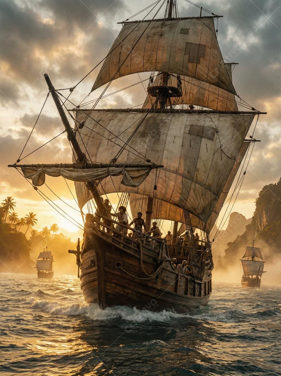 Foto Navio Antigo Navegando Mar Aberto Pessoas Aventura Pôr do Sol