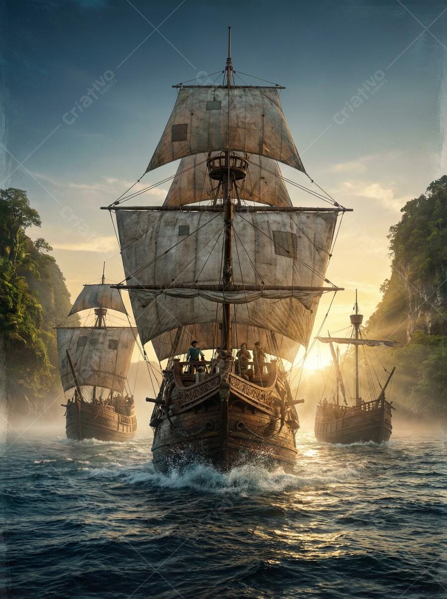 Foto Navios Antigos Navegando Mar Aberto ao Pôr do Sol Aventura Histórica