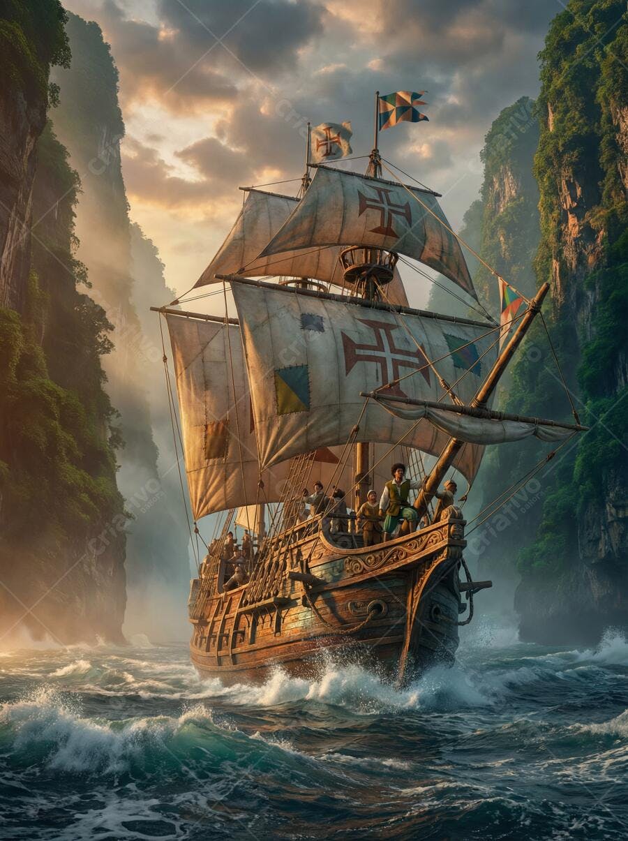 Foto Caravela Histórica Navegando Mar Agitado entre Penhascos