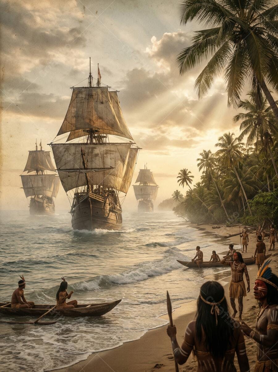 Foto Descobrimento do Brasil Caravelas Chegando Praia Indígenas