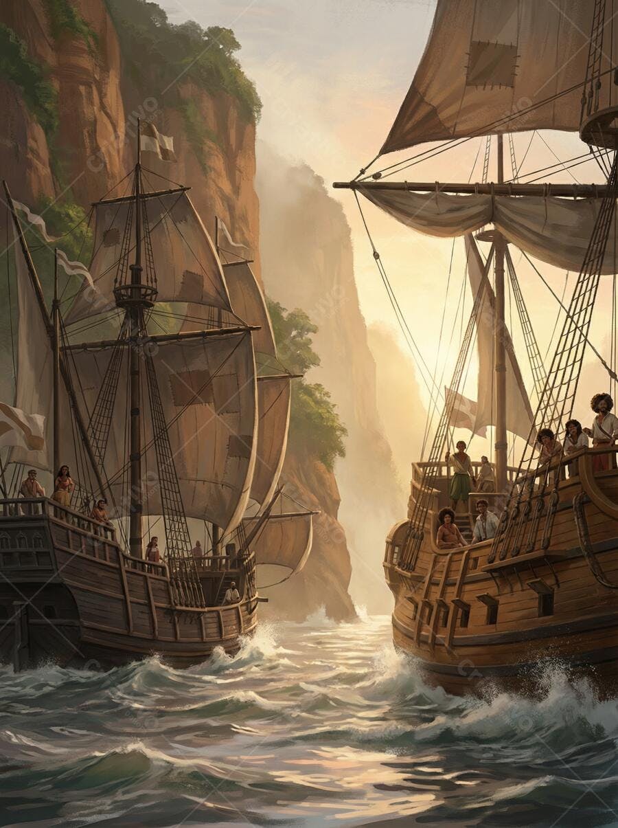 Ilustração Navios Antigos Navegando Mar Aberto Penhascos Histórico