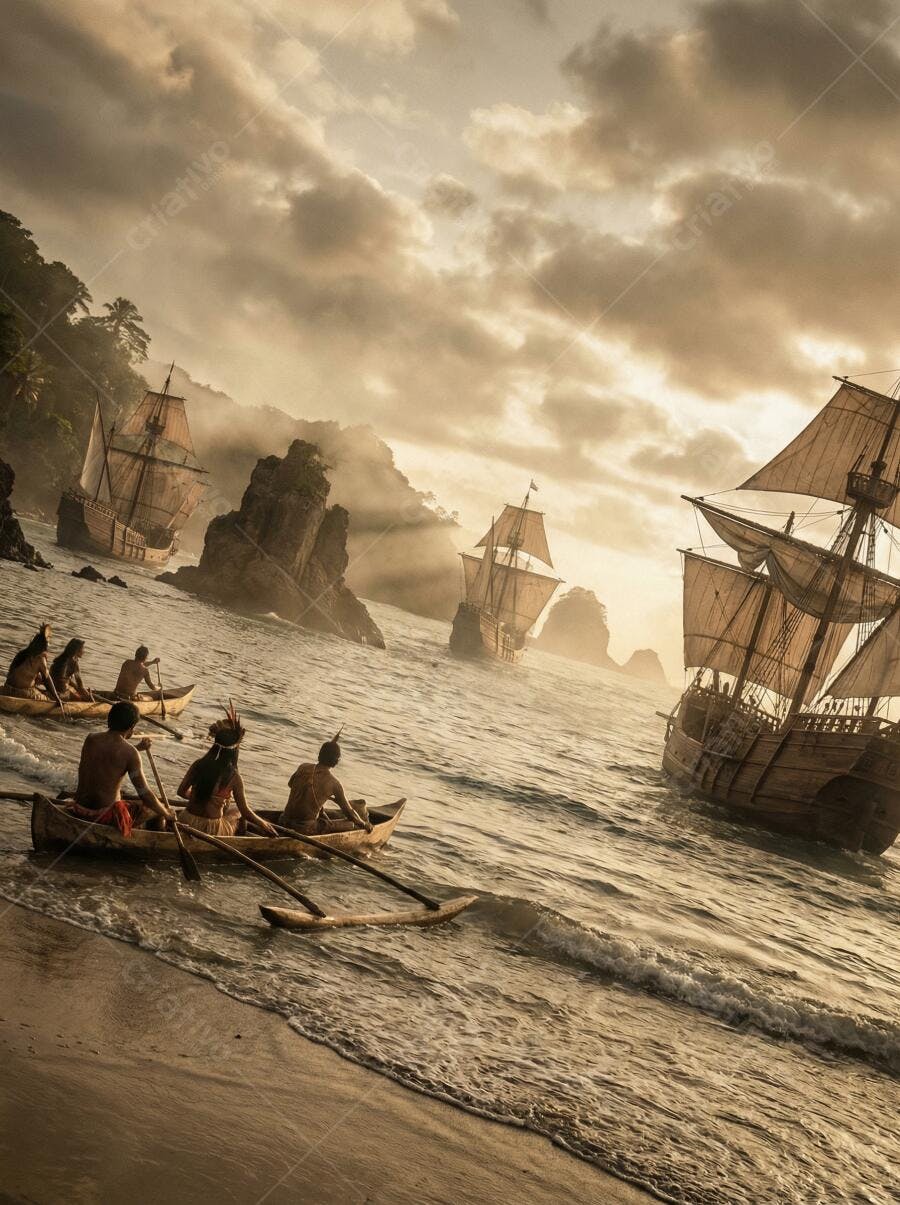 Foto Indígenas em Canoas Encontrando Caravelas no Mar Histórico