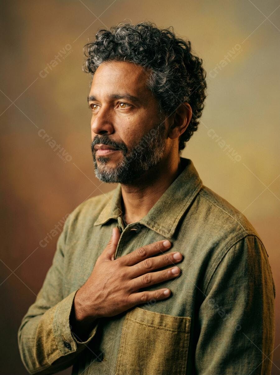 Foto Homem Negro Barba Mão no Peito Olhar Sereno Retrato Studio