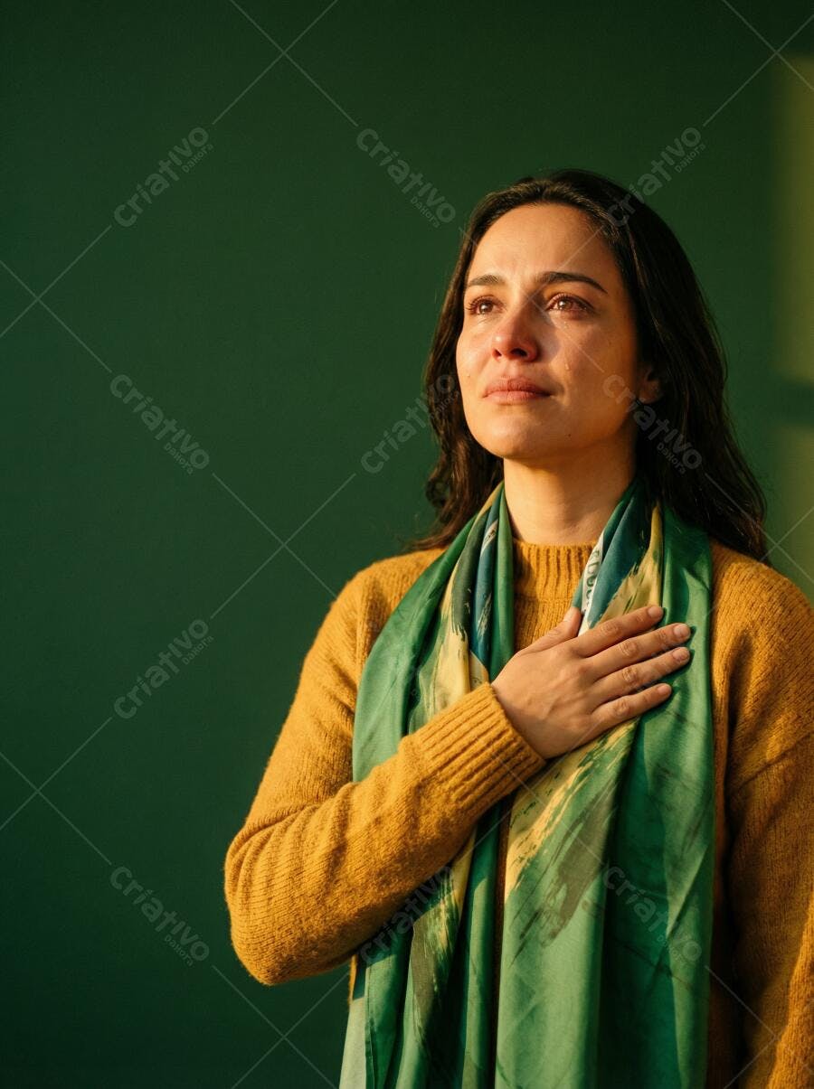 Foto Mulher Emocionada Mão no Peito Fundo Verde Escuro Patriota