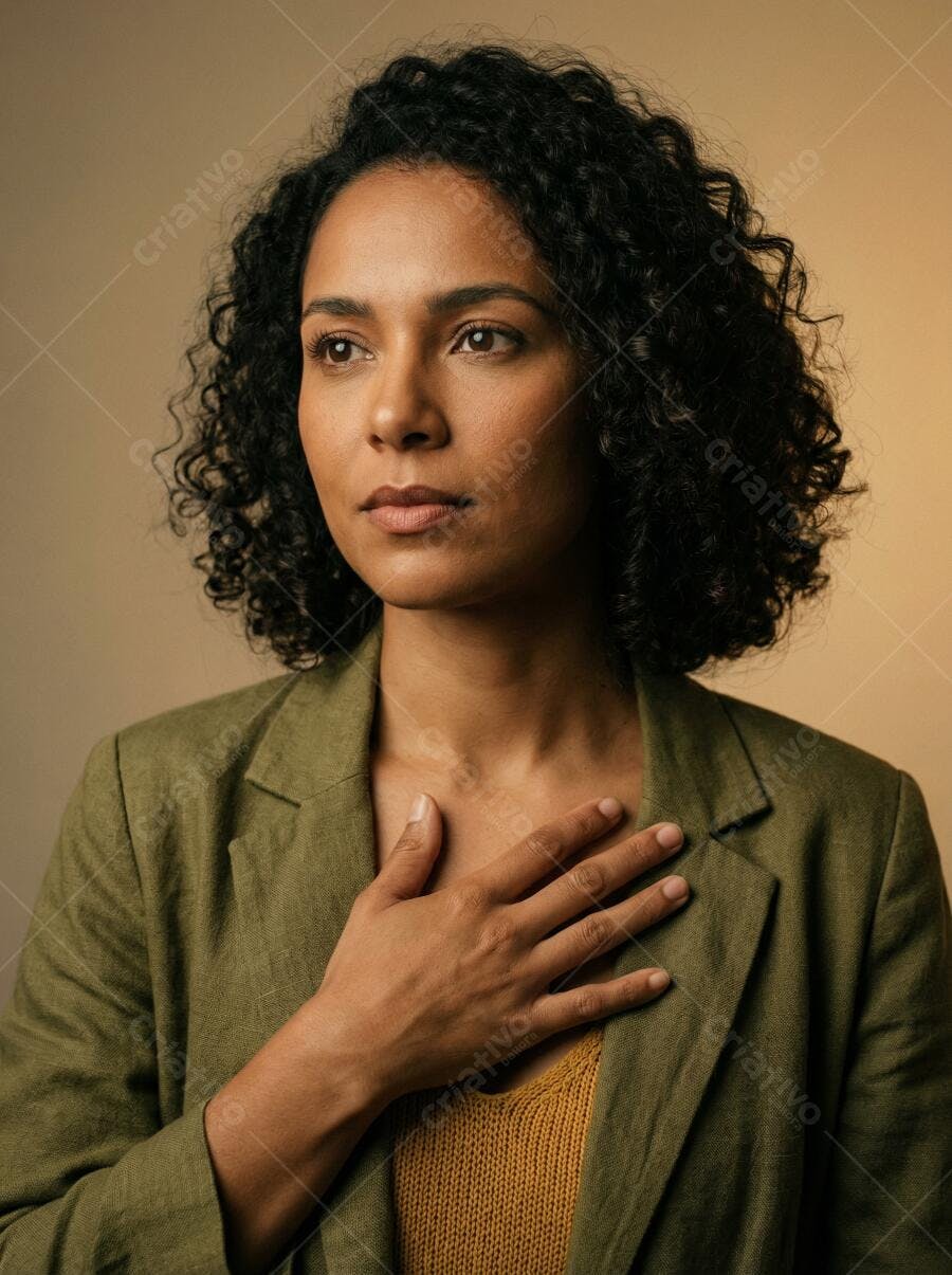 Foto Mulher Negra com Mão no Peito Olhando para o Lado Retrato Profissional