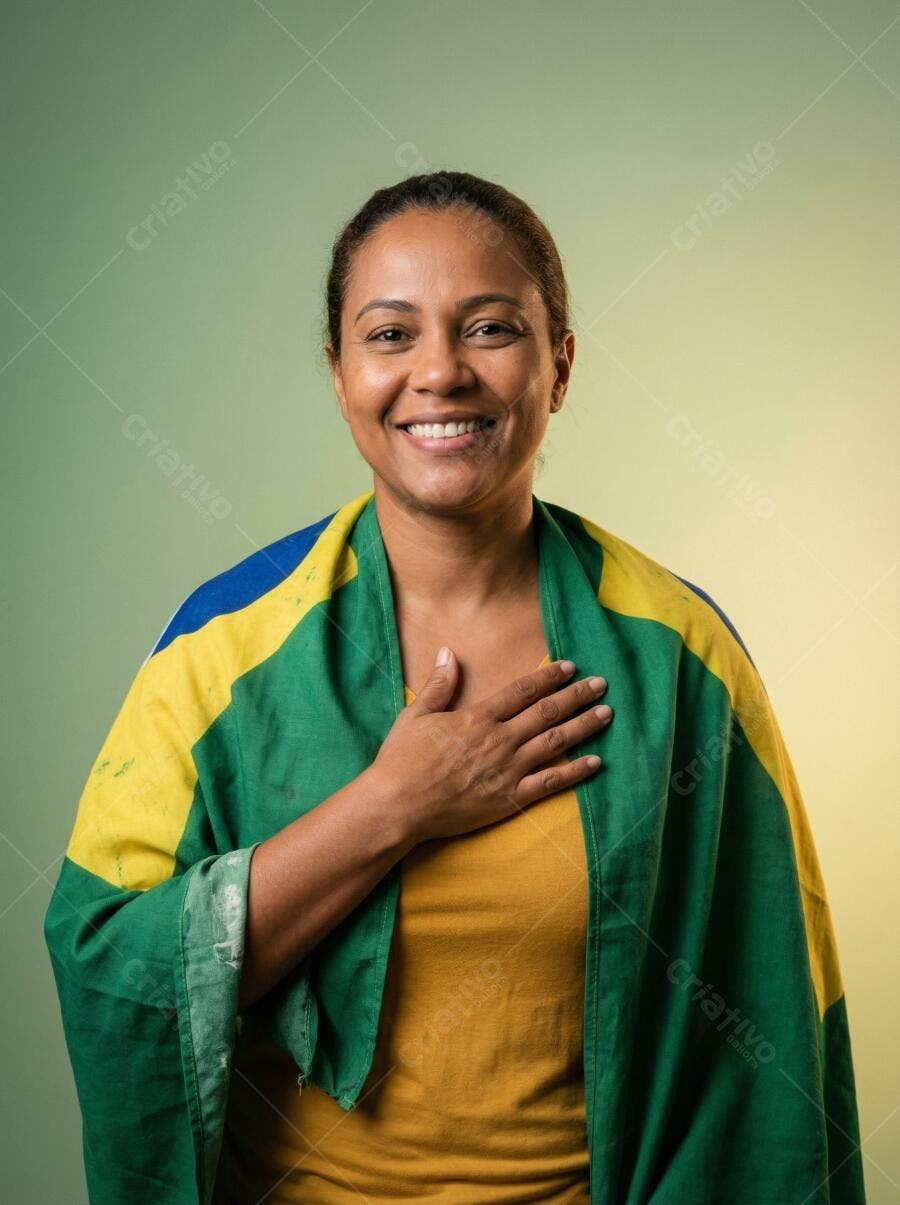 Foto Mulher Brasileira Sorrindo com Bandeira do Brasil no Peito