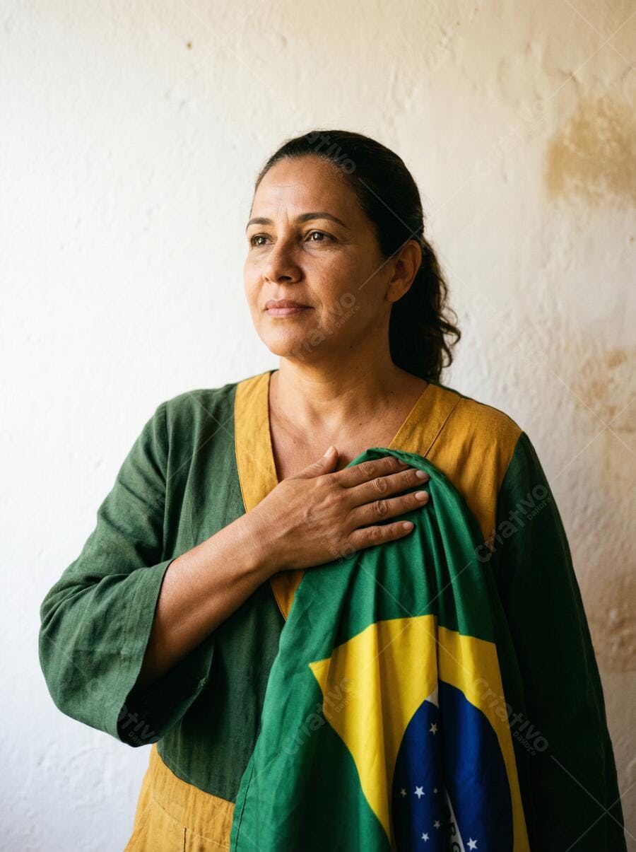 Foto Mulher Brasileira Segurando Bandeira do Brasil com Mão no Peito