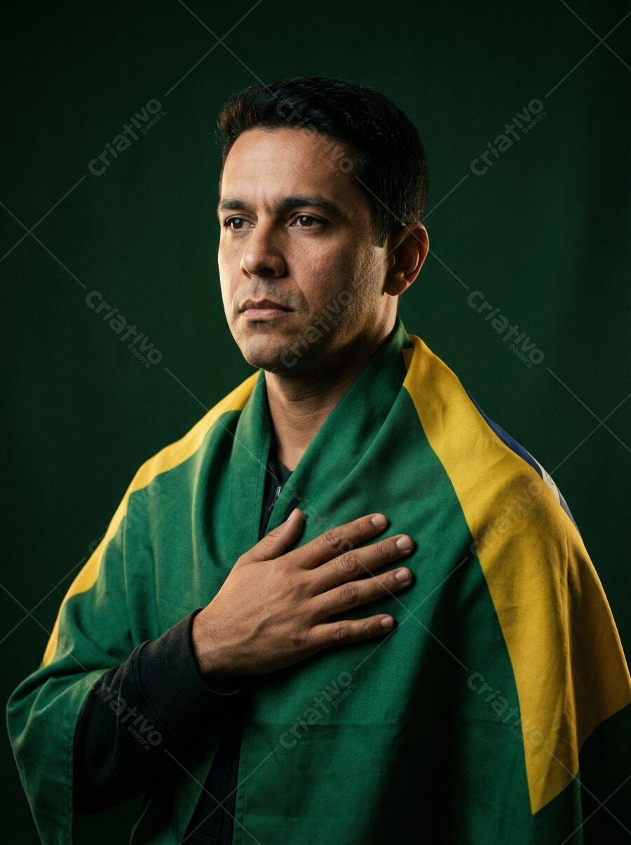 Foto Homem Brasileiro com Bandeira do Brasil Mão no Peito Patriotismo