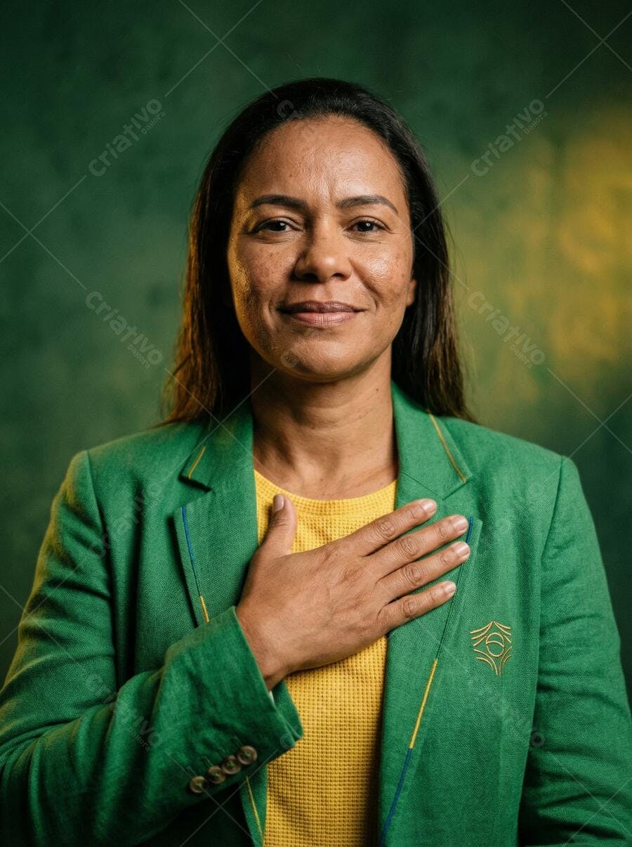 Foto Mulher Brasileira Sorrindo Mão no Peito Orgulho Nacional Fundo Verde