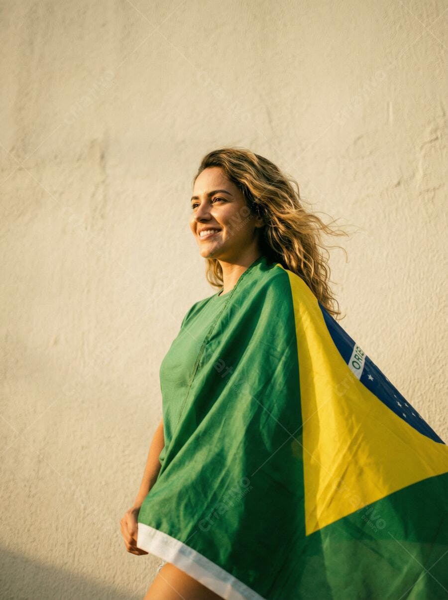 Foto Mulher Jovem Sorrindo com Bandeira do Brasil na Golden Hour