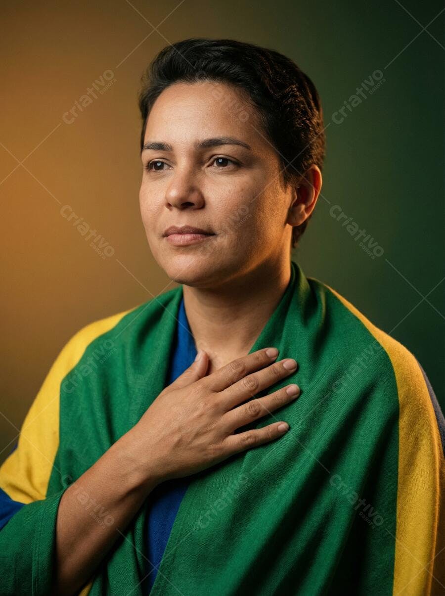 Foto Mulher Brasileira com Bandeira do Brasil Mão no Peito Patriotismo