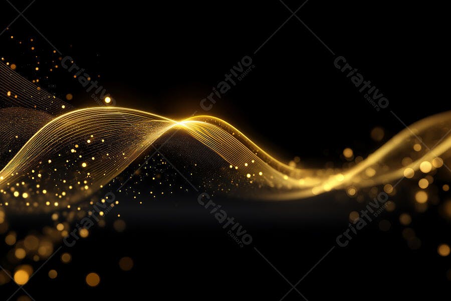 Foto Abstrata Onda Dourada Brilhante Fundo Preto com Partículas Luminosas