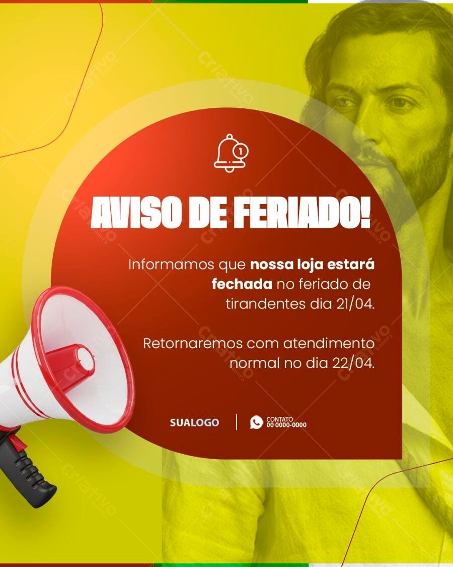 Post Instagram Aviso de Feriado Tiradentes PSD Editável