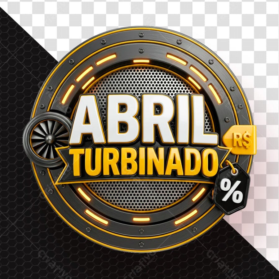 Selo 3D Abril Turbinado Oferta Metalizado Preto Dourado PNG