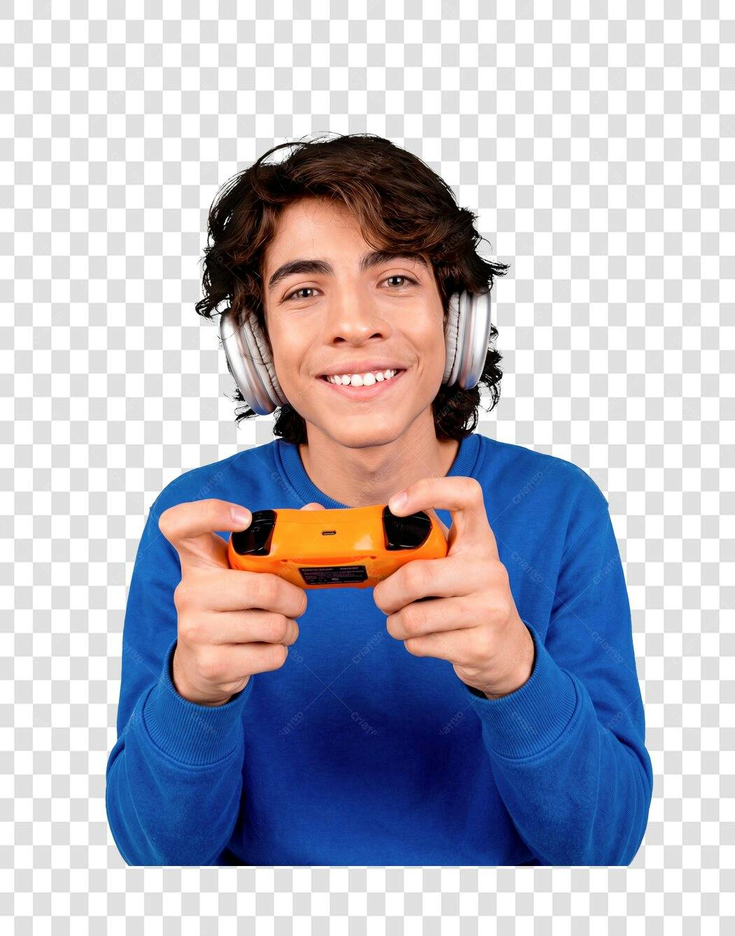 Foto Recortada Jovem Gamer Fone Laranja PNG Fundo Transparente
