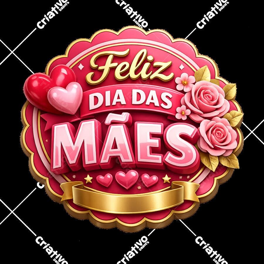Feliz Dia das Mães Selo Dourado Rosas Corações Rosa
