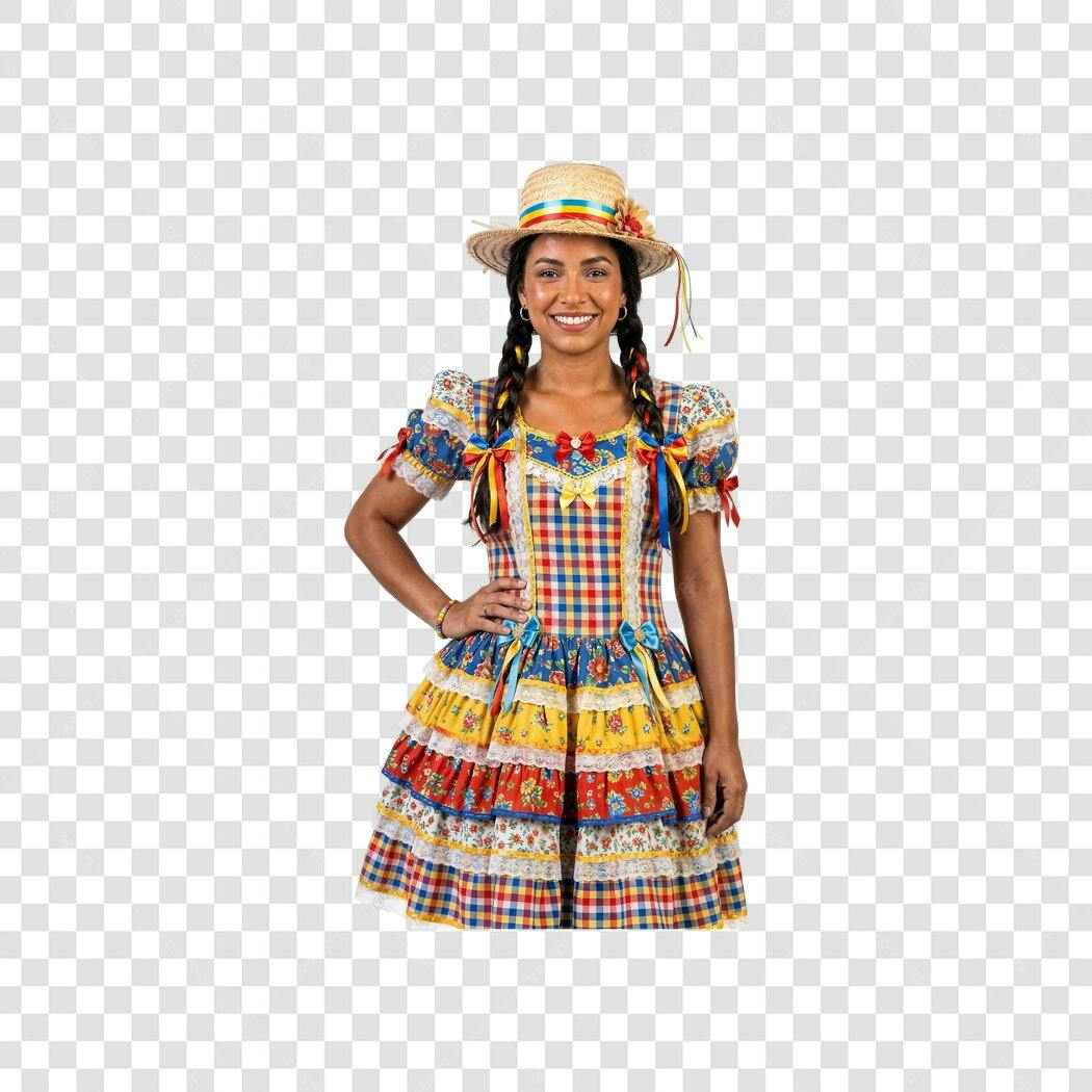 Foto Recortada Mulher Festa Junina Vestido Xadrez PNG Fundo Transparente