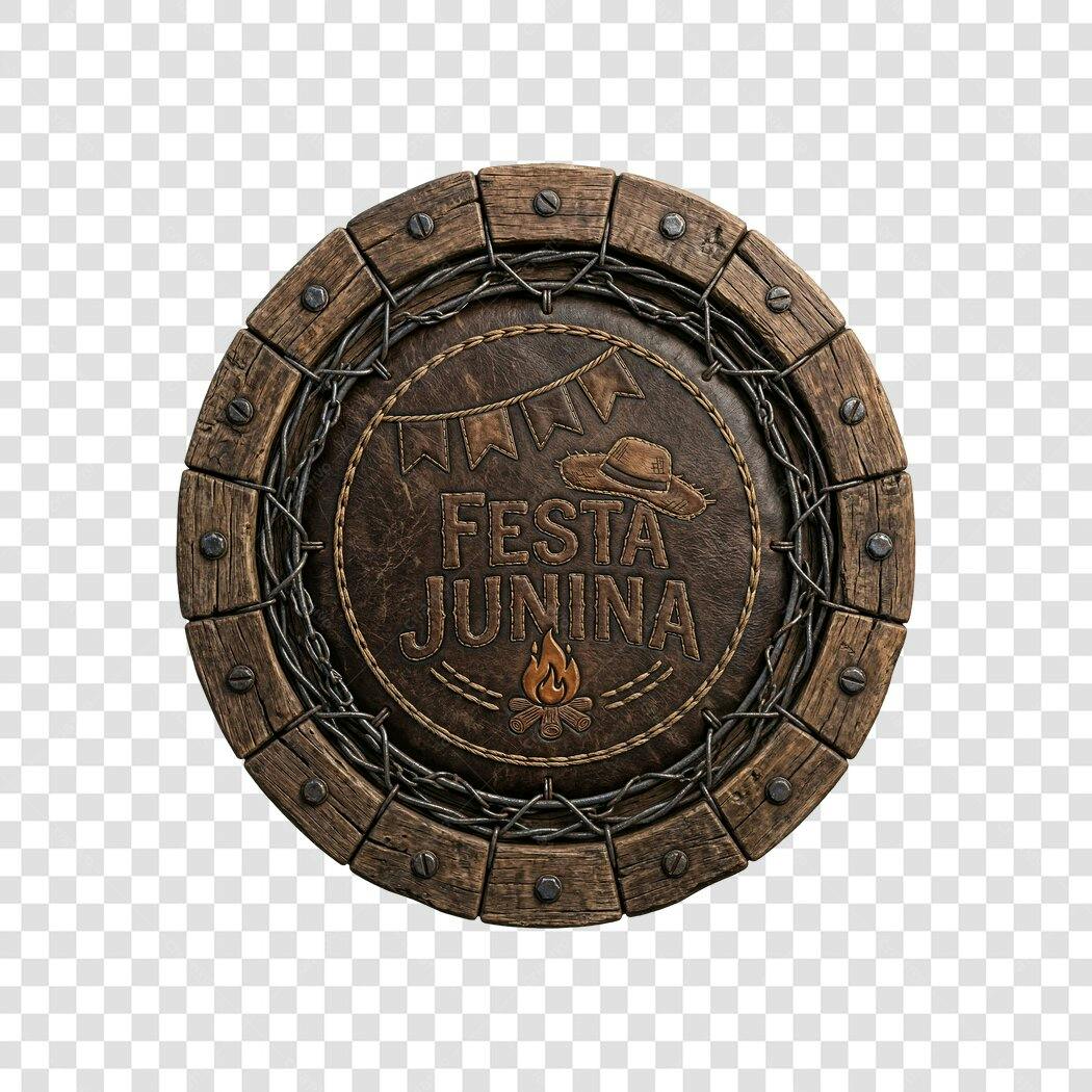 Elemento 3D Festa Junina Placa Madeira Arame Farpado PNG Fundo Transparente