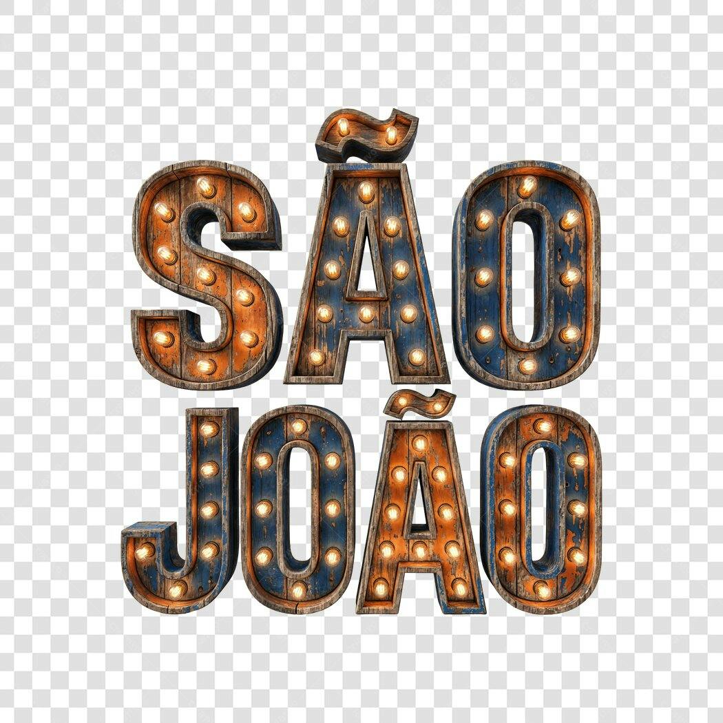 Elemento 3D São João Junho Letras Luminosas PNG Fundo Transparente