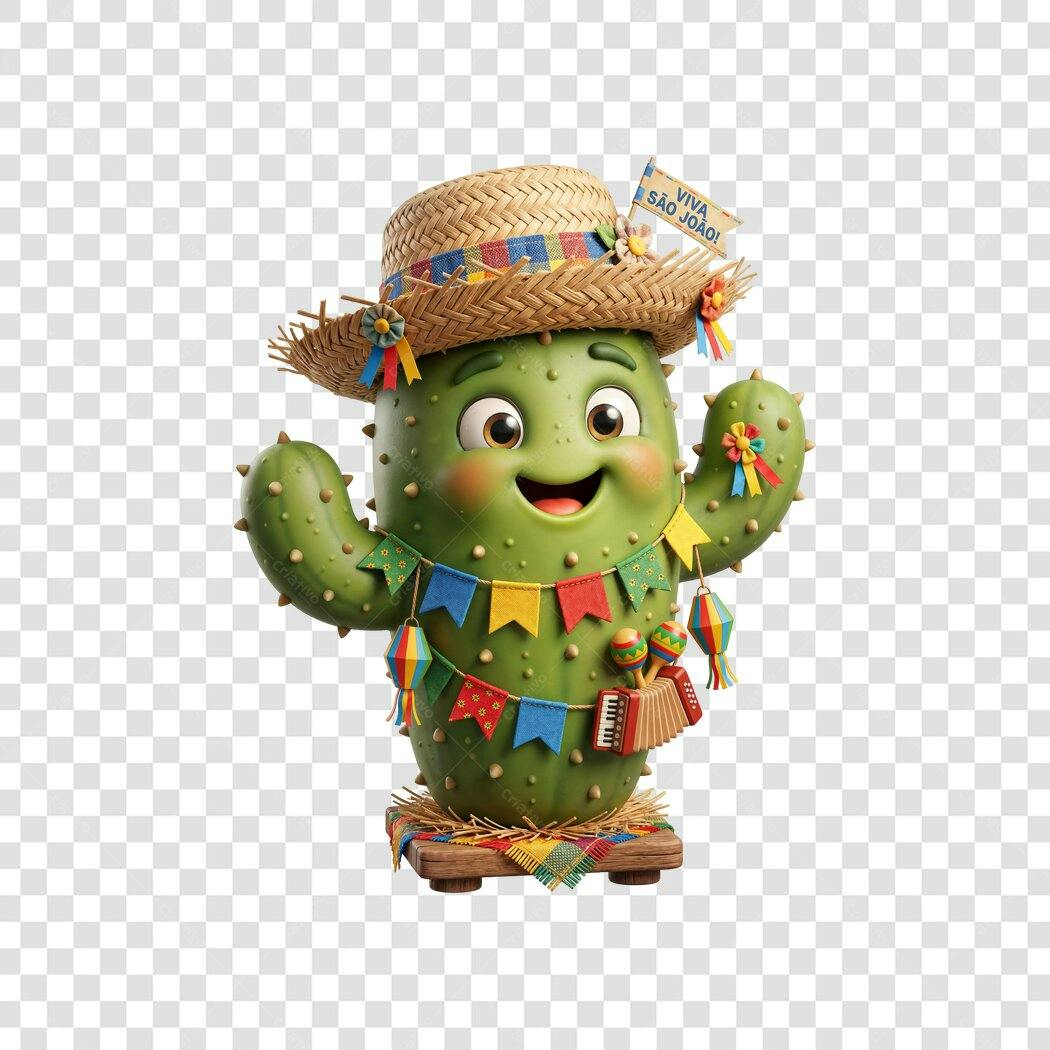 Personagem 3D Cacto Festa Junina São João Junho PNG Fundo Transparente