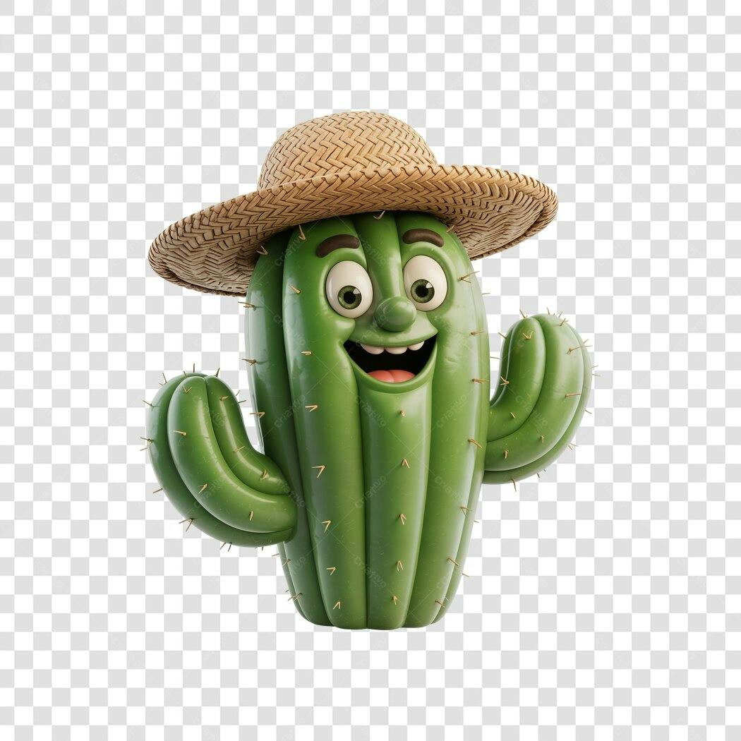 Personagem 3D Cacto Chapéu Festa Junina PNG Fundo Transparente
