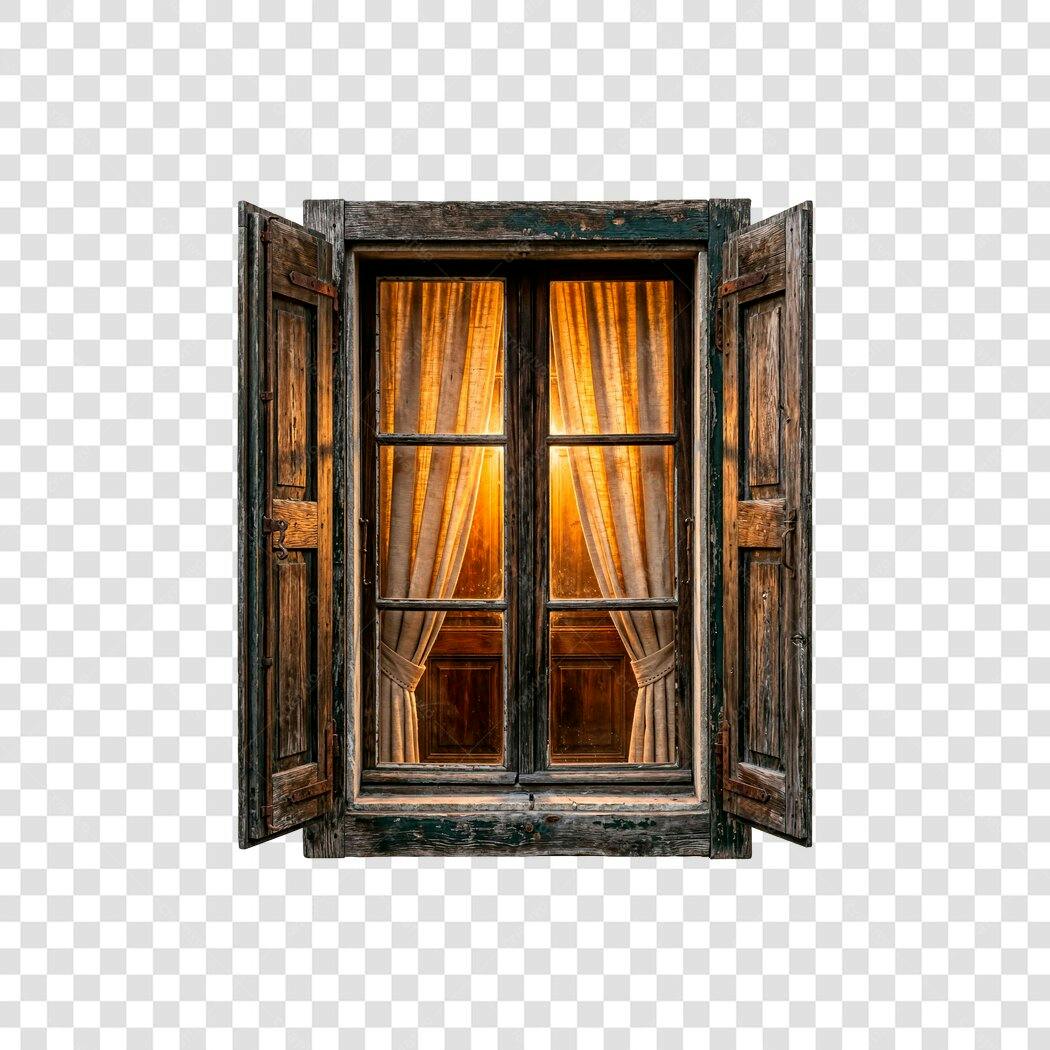 Foto Recortada Janela Antiga Cortinas Luz Quente PNG Fundo Transparente