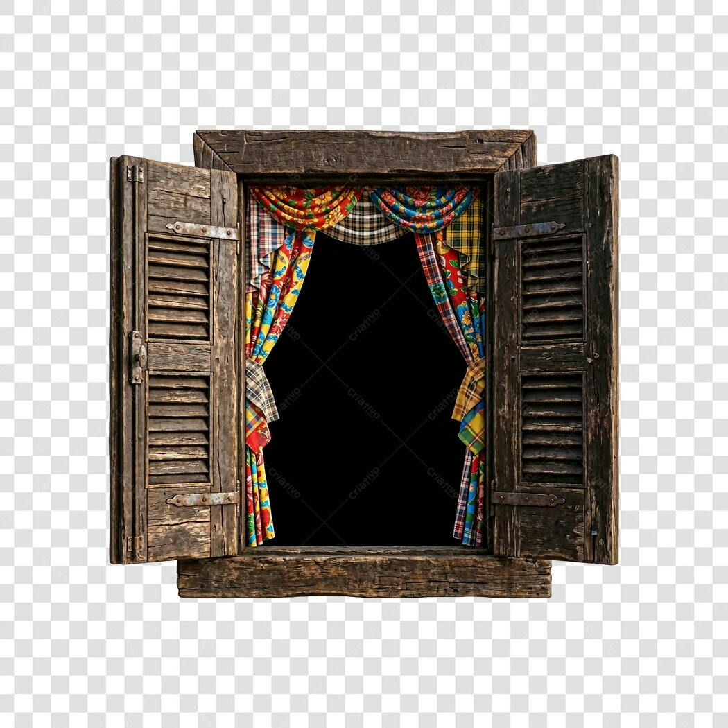 Foto Recortada Janela Antiga Madeira Cortinas Coloridas PNG Fundo Transparente