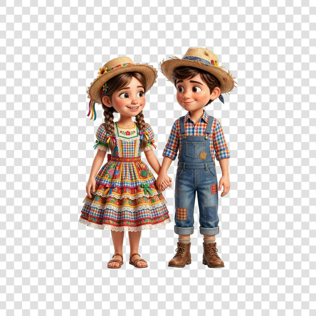 Personagem 3D Casal Caipira Festa Junina Junho PNG Fundo Transparente