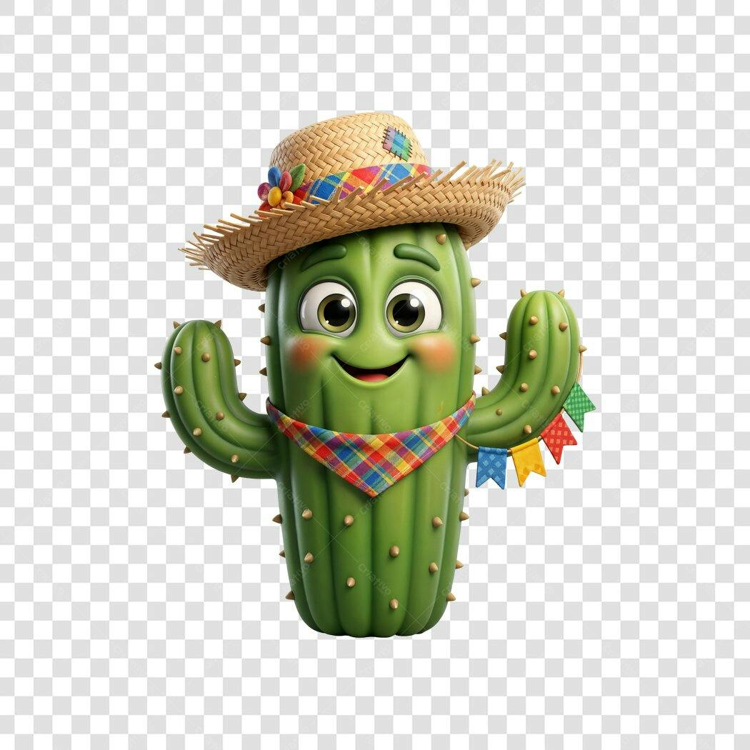 Personagem 3D Cacto Festa Junina Junho PNG Fundo Transparente