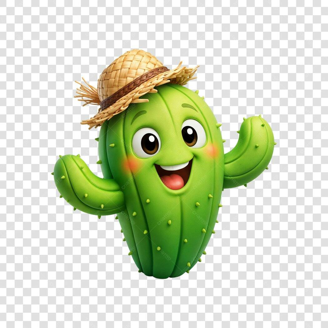 Personagem Ilustrado Cacto Chapéu de Palha 3D PNG Fundo Transparente