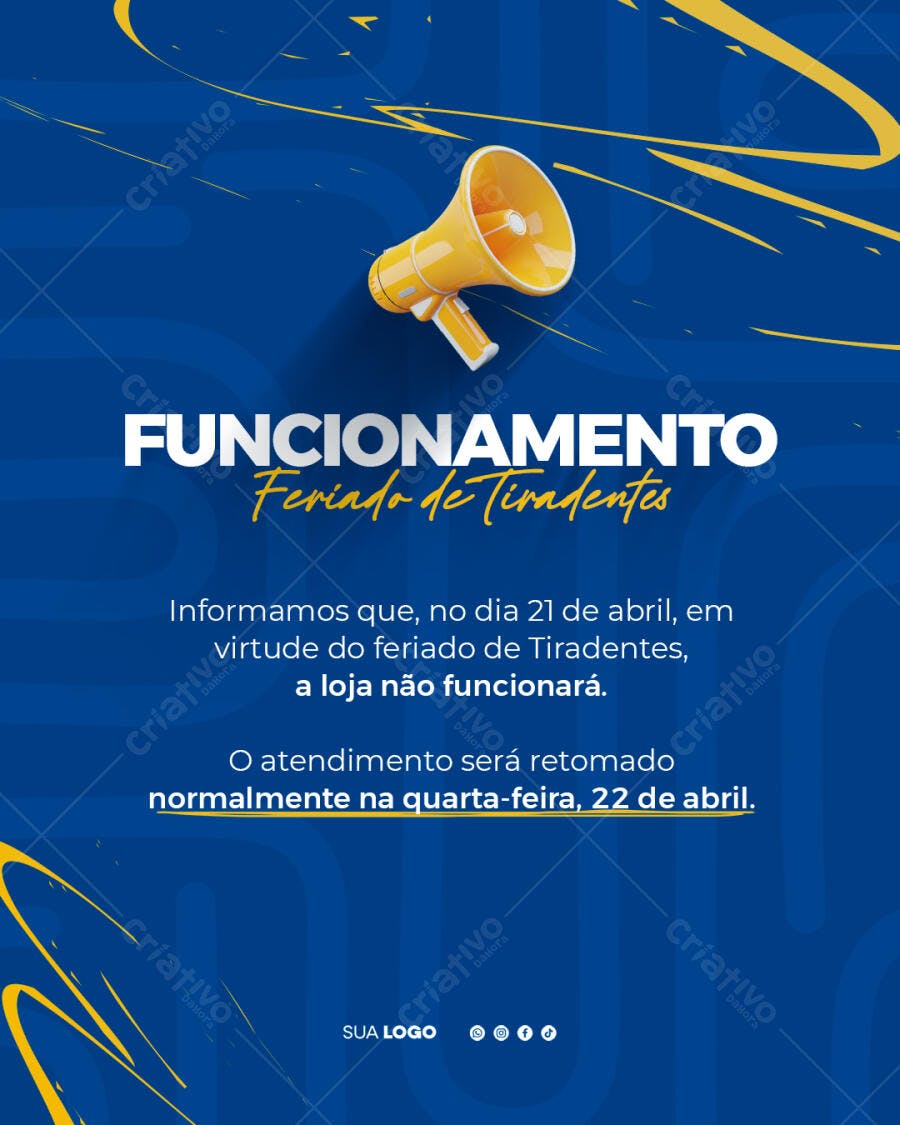 Post Instagram Funcionamento Feriado de Tiradentes PSD Editável