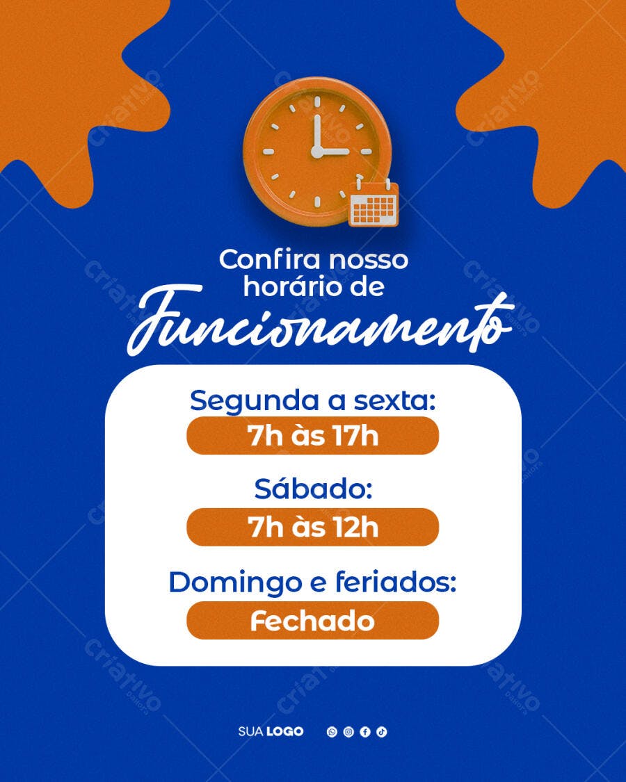 Post Instagram Horário de Funcionamento PSD Editável