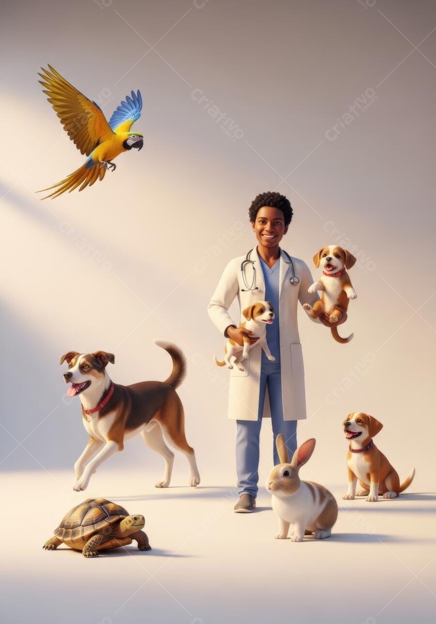 Foto Veterinária Negra Sorrindo com Diversos Animais de Estimação