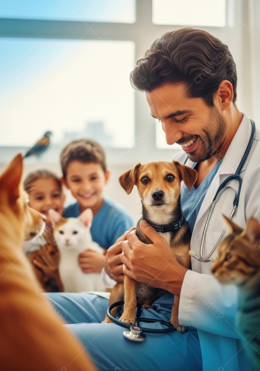 Foto Veterinário Sorrindo Examinando Cachorro com Crianças