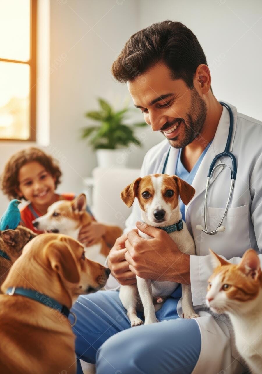 Foto Veterinário Sorrindo Examinando Cão com Crianças e Animais