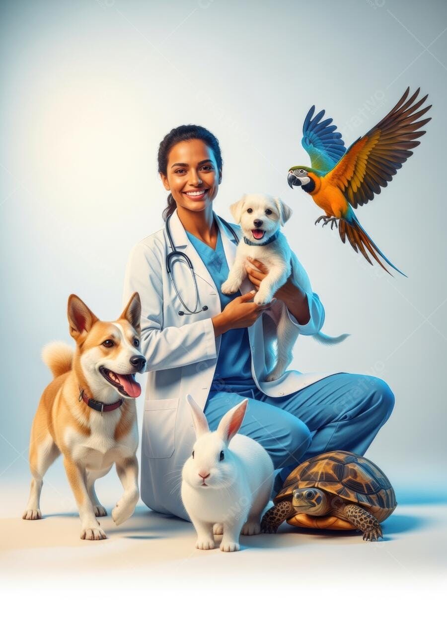 Foto Veterinária Sorrindo com Diversos Animais de Estimação