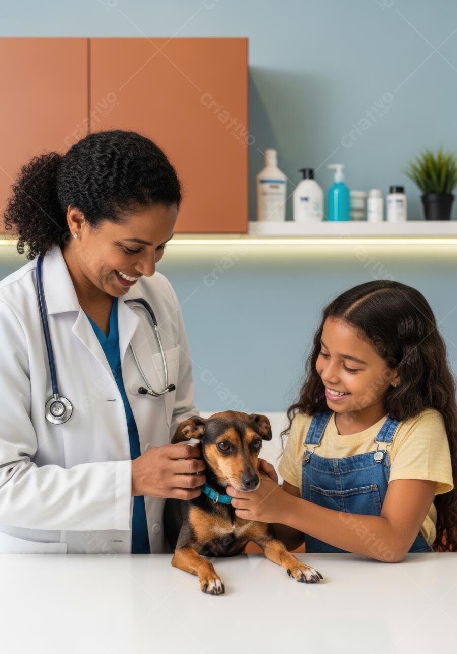 Foto Veterinária Negra Examinando Cachorro com Criança Clínica