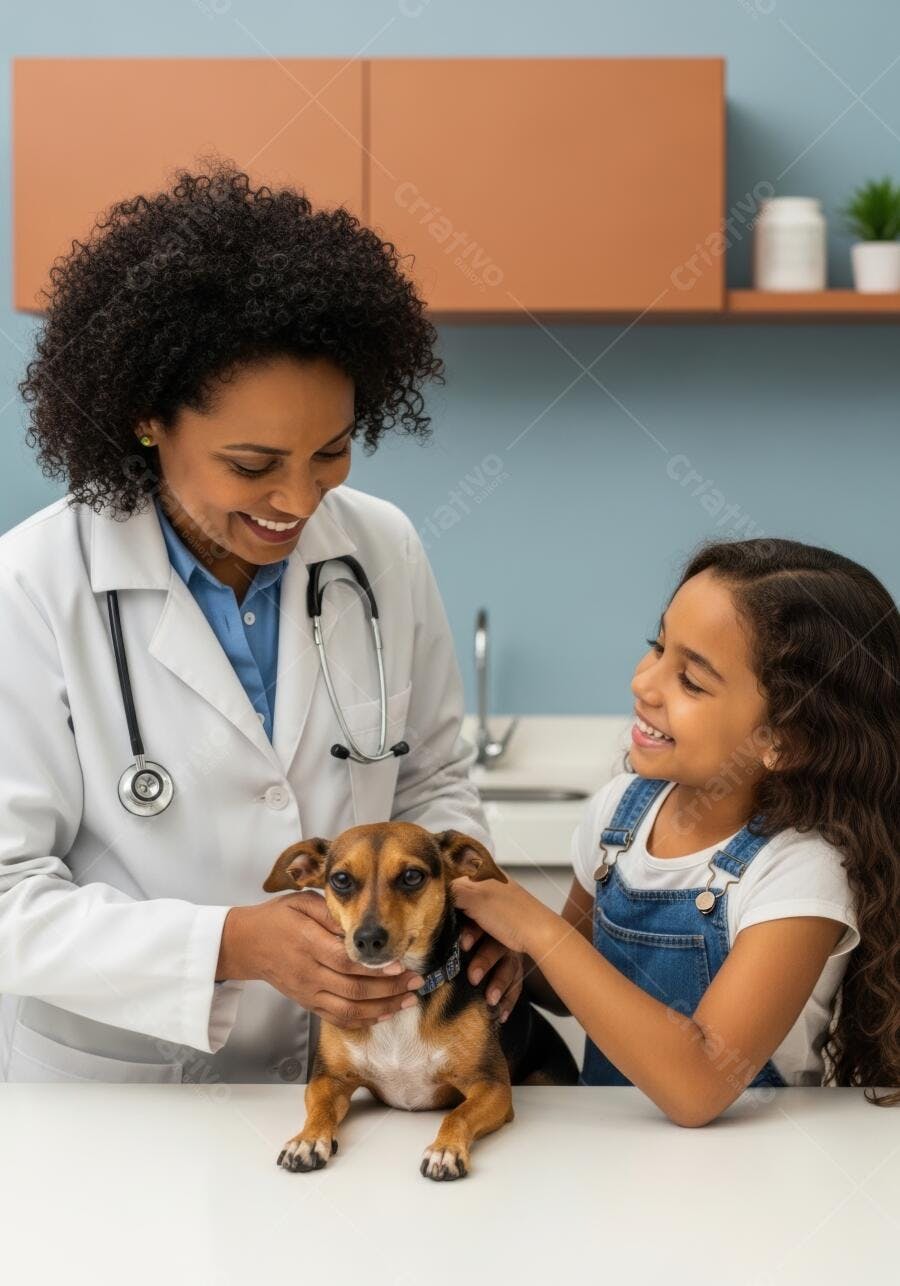 Foto Veterinária Negra Examinando Cachorro com Criança Clínica