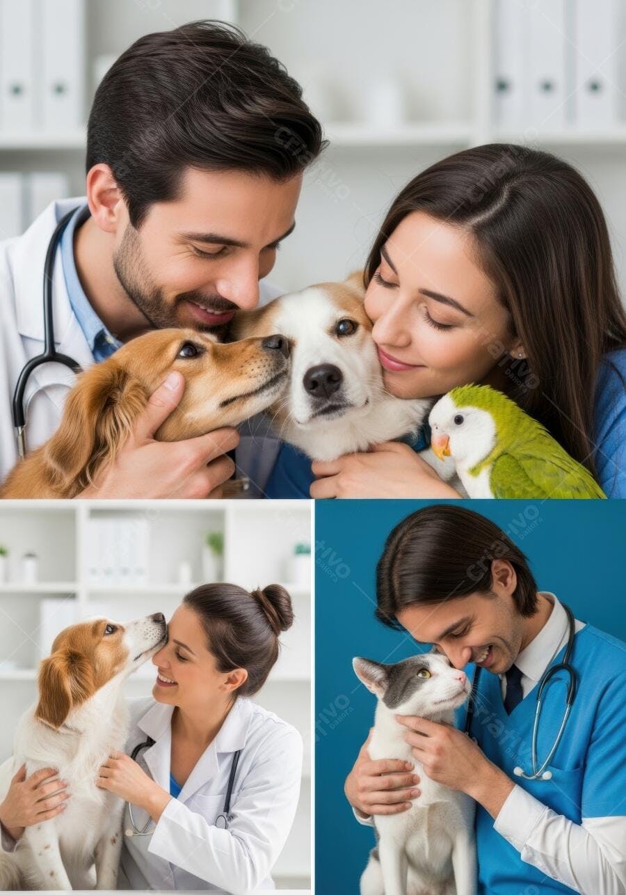 Foto Veterinários Felizes Cuidando de Animais na Clínica