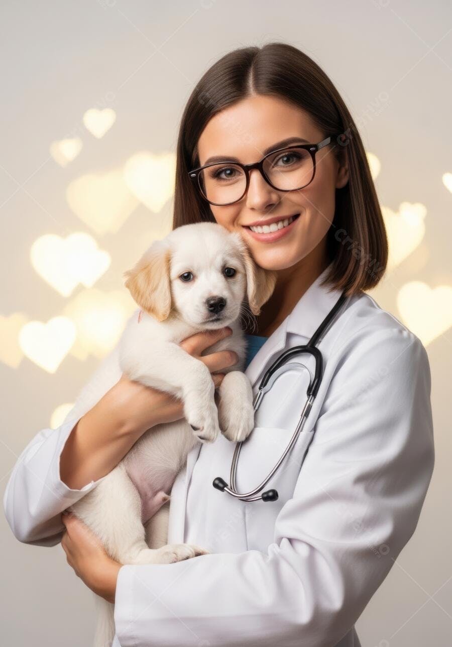 Foto Veterinária Sorrindo Segurando Filhote Golden Retriever