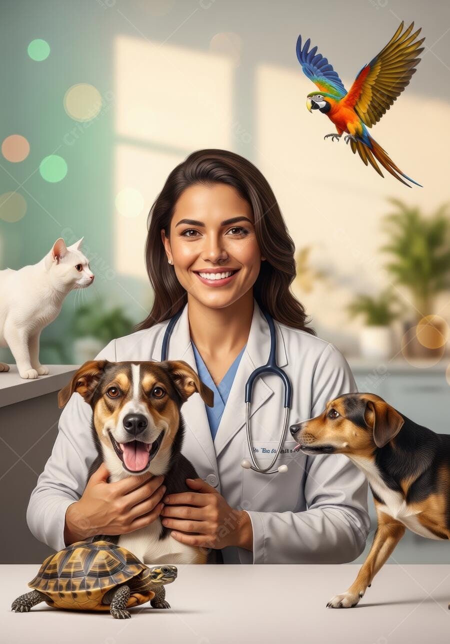 Foto Veterinária Sorrindo com Cães Gato Tartaruga e Papagaio