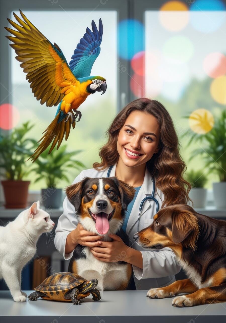 Foto Veterinária Sorrindo com Cães Gato Tartaruga Arara Clínica