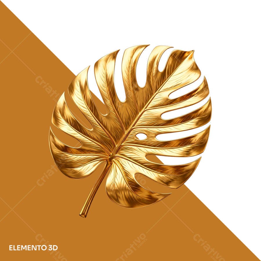 Elemento 3D Folha Monstera Dourada PNG Fundo Transparente