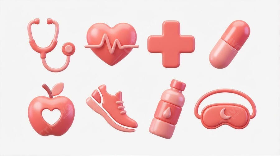 Ícones 3D Saúde Bem-Estar Estetoscópio Coração Maçã Rosa