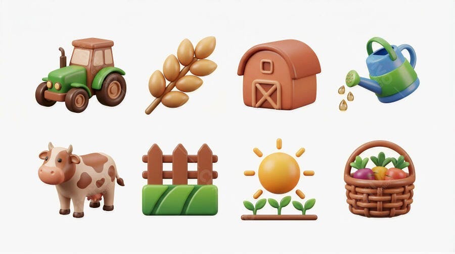 Ícones 3D Fazenda Trator Vaca Celeiro Cesta Colheita Sol