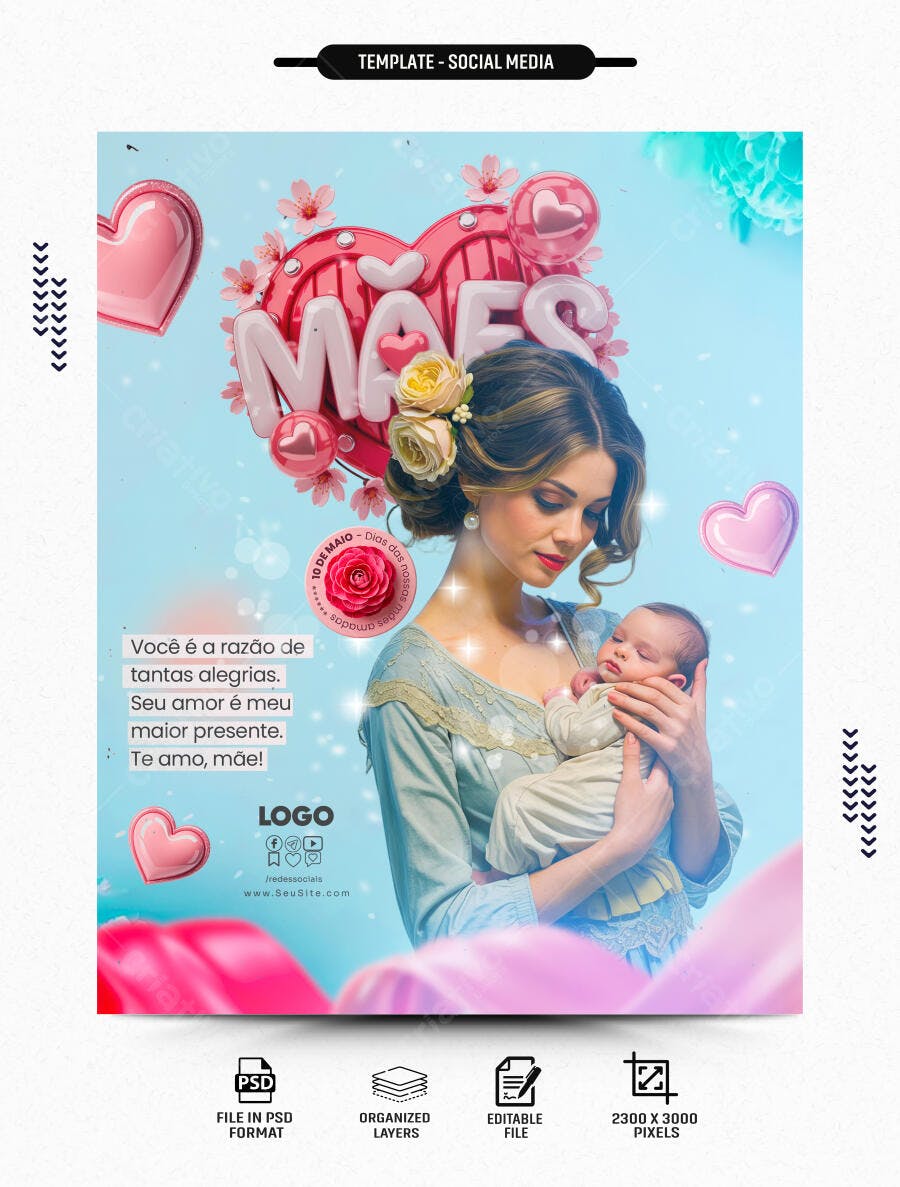 Post Instagram Dia das Mães Balões Rosas PSD Editável