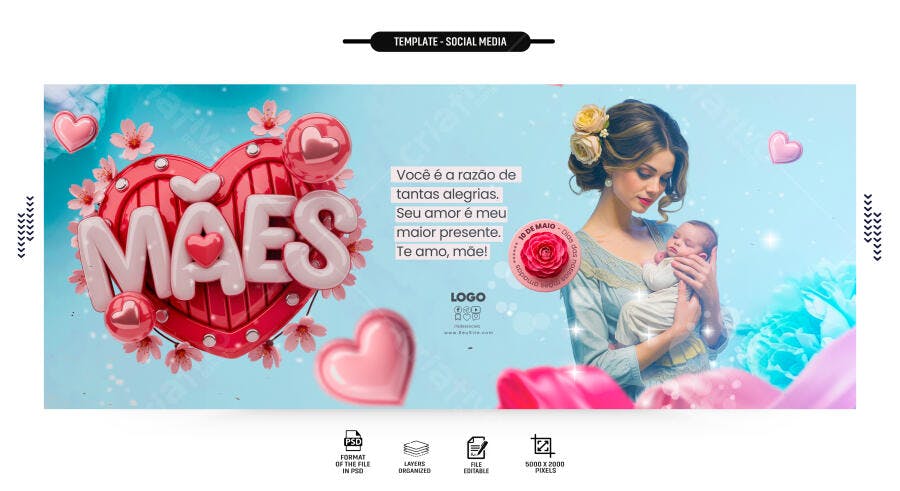 Capa Facebook Dia das Mães Coração Rosas PSD Editável