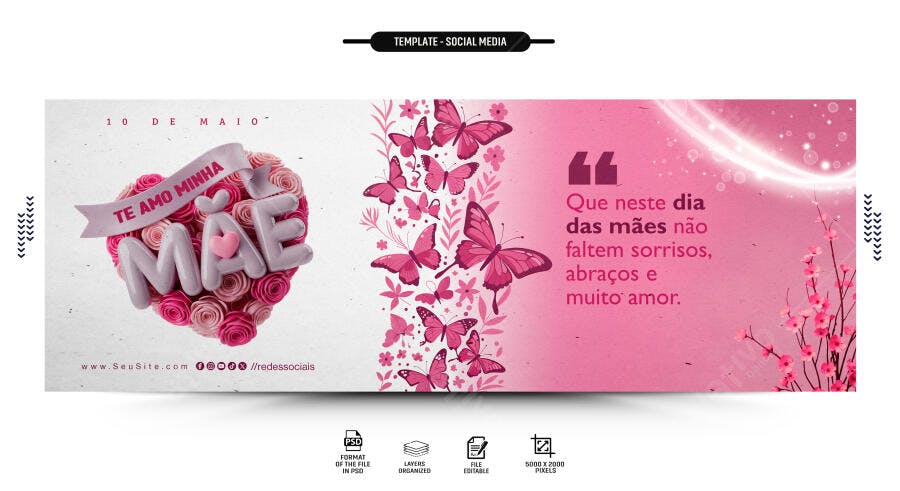 Capa Facebook Dia das Mães Rosas Borboletas PSD Editável
